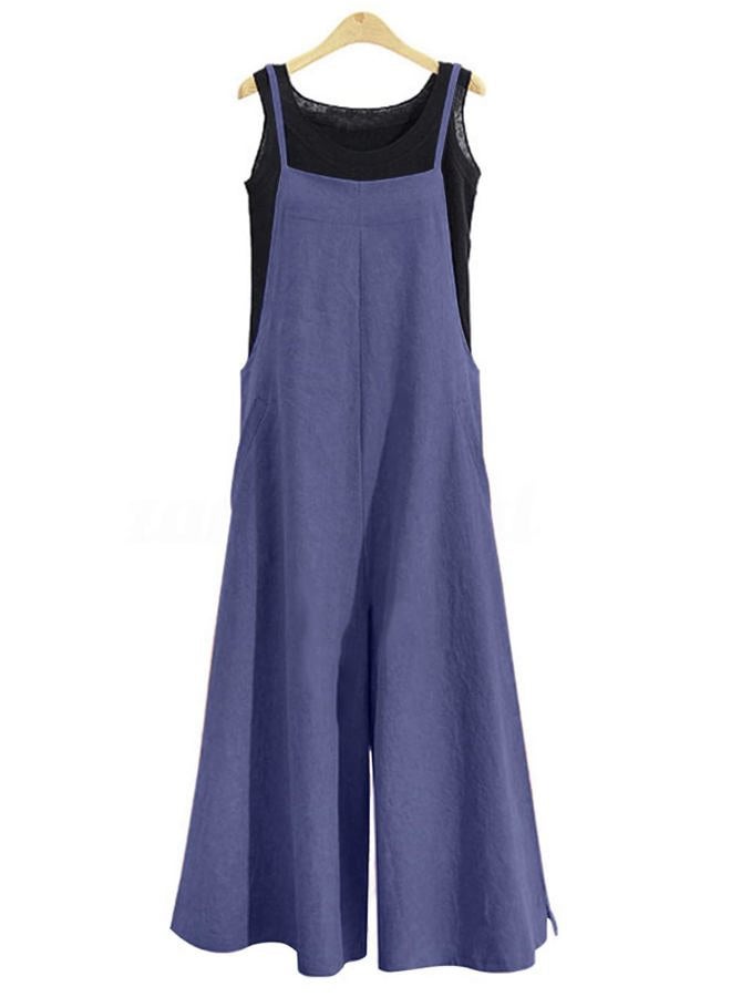 YESNO Women Casual Loose Long Bib Pants Wide Leg Jumpsuits Baggy Cotton Rompers Overalls with Pockets PZZ, A-blue Gray-split Wide Leg, XL - Image 2