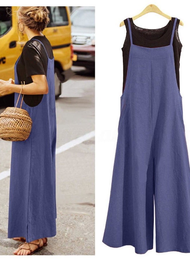 YESNO Women Casual Loose Long Bib Pants Wide Leg Jumpsuits Baggy Cotton Rompers Overalls with Pockets PZZ, A-blue Gray-split Wide Leg, XL - Image 3