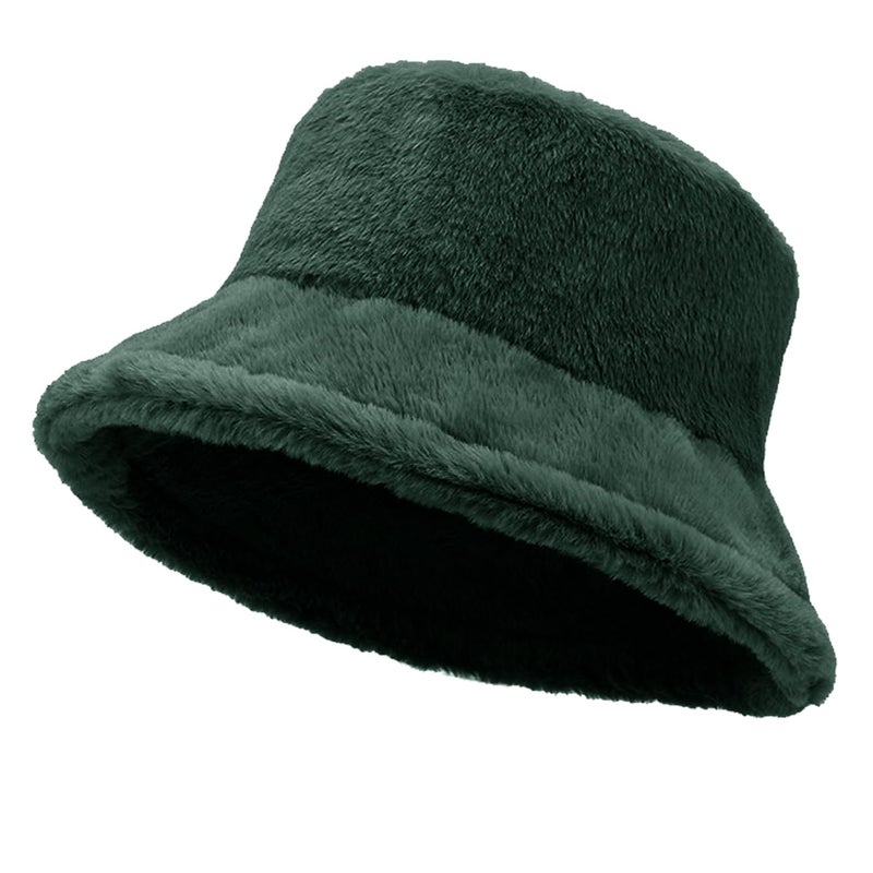 TZ Promise Women Plush Fluffy Bucket Hat Warm Lining Winter Faux Fur Cozy Wide Brim Winter (Dark Green) - Image 1
