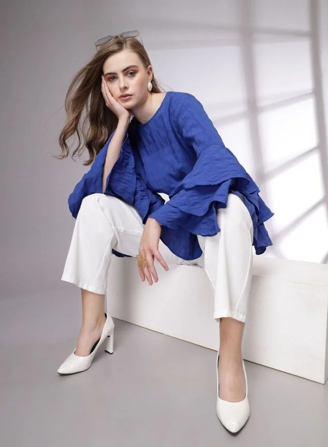 Freehand  Women Regular Fit Solid Round Neck Long Sleeve Ruffled Top  | Best Price UAE