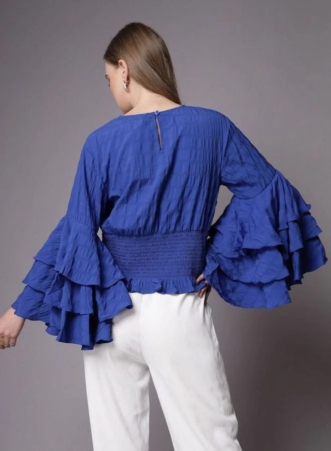 Freehand  Women Regular Fit Solid Round Neck Long Sleeve Ruffled Top  | Best Price UAE