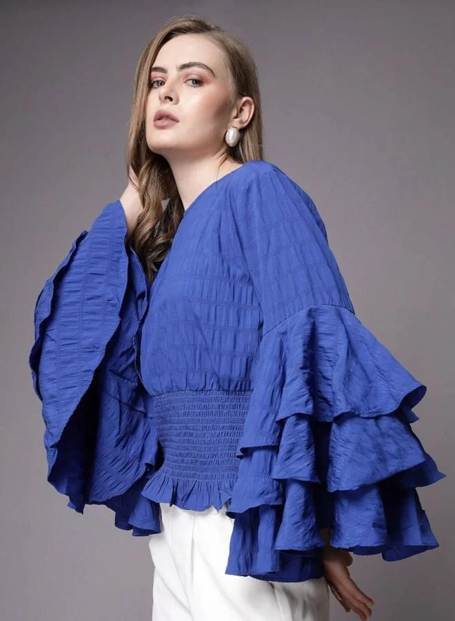 Freehand  Women Regular Fit Solid Round Neck Long Sleeve Ruffled Top  | Best Price UAE