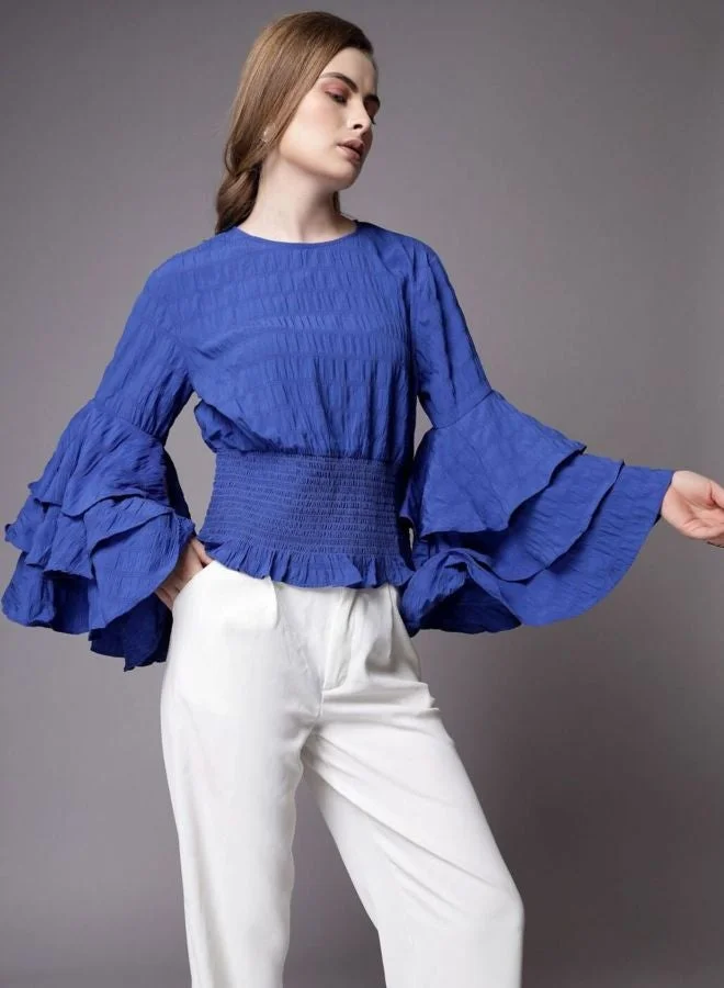 Freehand  Women Regular Fit Solid Round Neck Long Sleeve Ruffled Top  | Best Price UAE