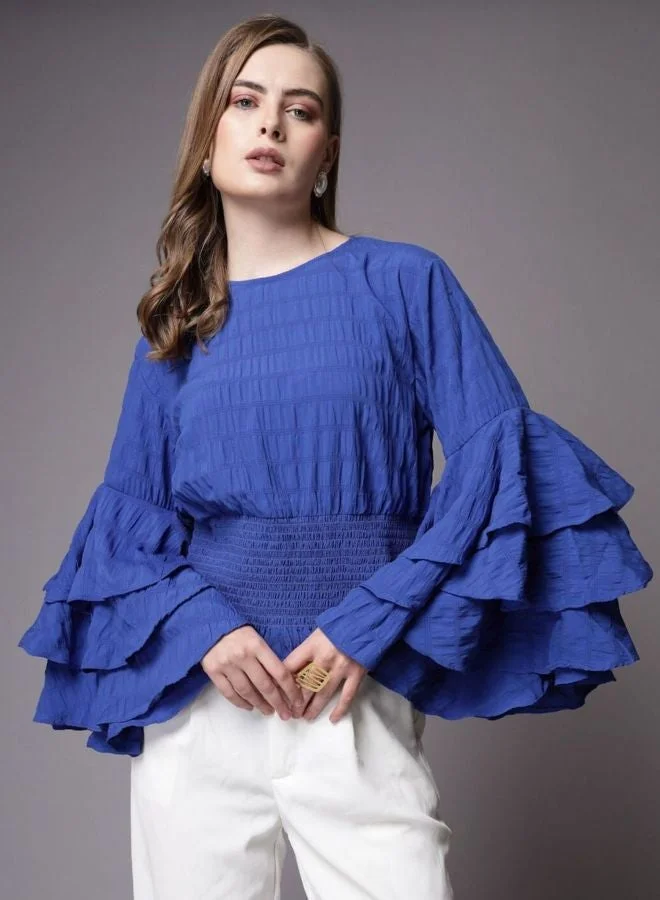Women Regular Fit Solid Round Neck Long Sleeve Ruffled Top