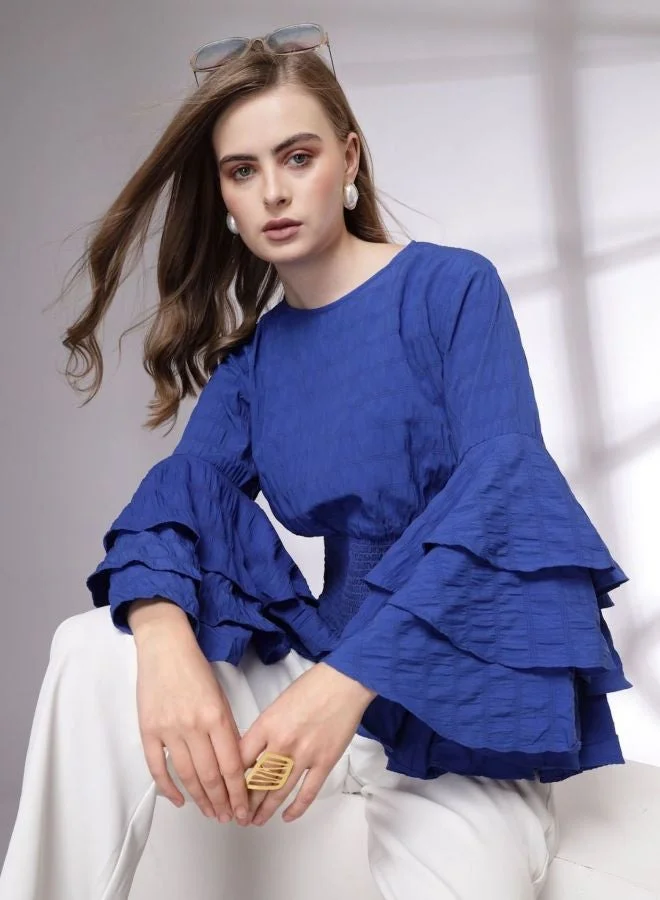 Freehand  Women Regular Fit Solid Round Neck Long Sleeve Ruffled Top  | Best Price UAE