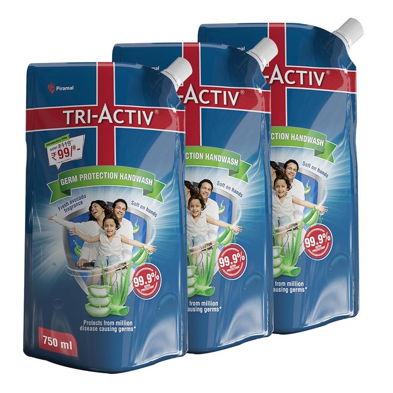 TRI-ACTIV TriActiv Liquid Handwash Refill 750ml x Pack of 3 2250ml Protects From 999 Disease Causing Germs Hand Wash Refill Packs with Aloevera Avocado Liquid Soap Gentle on Hands Safe on Skin - Image 1
