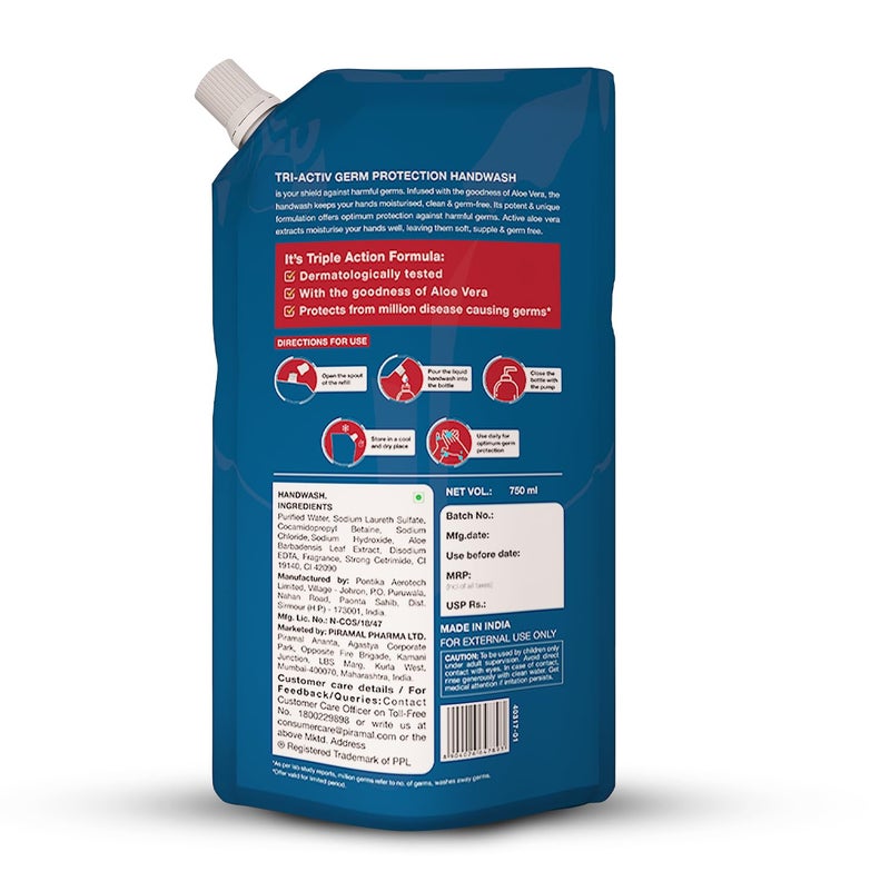 TRI-ACTIV TriActiv Liquid Handwash Refill 750ml x Pack of 3 2250ml Protects From 999 Disease Causing Germs Hand Wash Refill Packs with Aloevera Avocado Liquid Soap Gentle on Hands Safe on Skin - Image 3