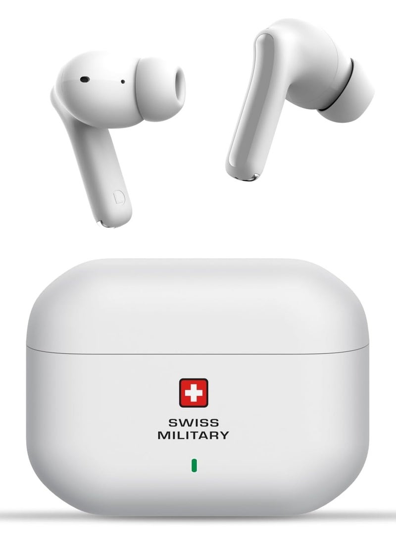 SWISS MILITARY - Swiss Military Delta 3 True Wireless Earbuds with ANC, Deep Bass, HD Audio & Calls, Type-C Charging, Auto Pairing & Wireless Charging Case, Compatible with iPhone/Samsung & Other devices - White - Image 1