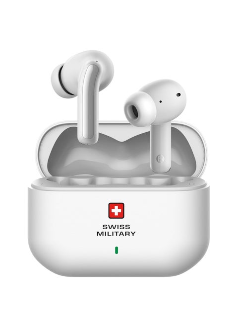 Swiss Military Delta 3 True Wireless Earbuds with ANC, Deep Bass, HD Audio & Calls, Type-C Charging, Auto Pairing & Wireless Charging Case, Compatible with iPhone/Samsung & Other devices - White