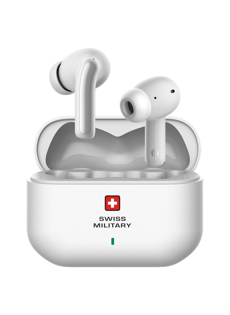 SWISS MILITARY - Swiss Military Delta 3 True Wireless Earbuds with ANC, Deep Bass, HD Audio & Calls, Type-C Charging, Auto Pairing & Wireless Charging Case, Compatible with iPhone/Samsung & Other devices - White - Image 1