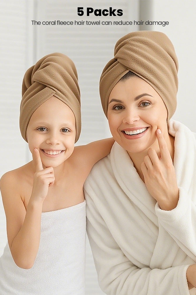 GGEROU 5Pcs Dry Hair Cap Women Super Absorbent Cute Quick-Drying Baotou Thick Shower Cap Dry Hair Towel Camel - Image 4