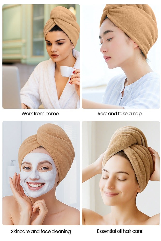 GGEROU 5Pcs Dry Hair Cap Women Super Absorbent Cute Quick-Drying Baotou Thick Shower Cap Dry Hair Towel Camel - Image 5