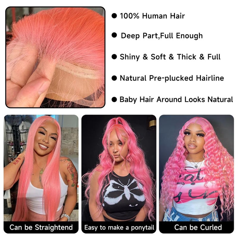 Loyom Pink Lace Front Wig Human Hair 13x4 Pink Wig Body Wave Lace Front Wigs Human Hair Pre Plucked Colored 12A 200 Density HD Lace Frontal Wig Human Hair With Baby Hair 22 Inch - Image 3