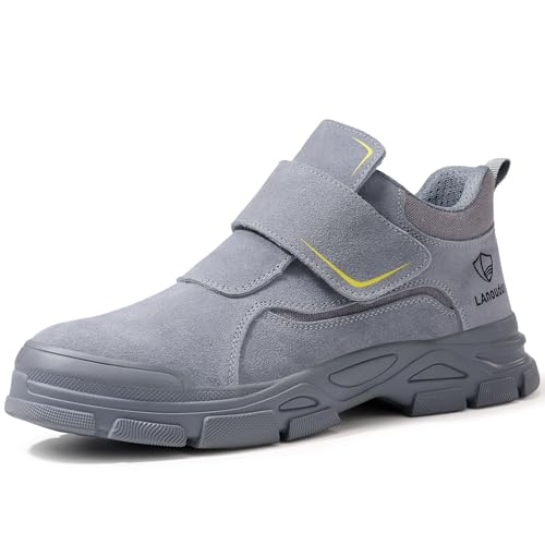 GLANOUDUN Steel Toe Work Boots for Men Puncture Resistant Safety Boots with Hook and Loop Closure for Workshop Construction Factory Gray - Image 1