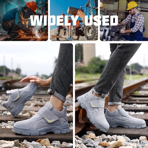 GLANOUDUN Steel Toe Work Boots for Men Puncture Resistant Safety Boots with Hook and Loop Closure for Workshop Construction Factory Gray - Image 3