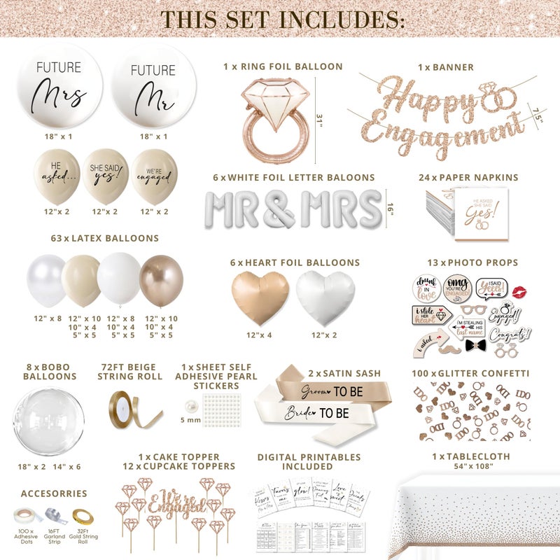 RainMeadow 261 Pc Premium Engagement Party Decorations Kit â€“ Elegant Mr. & Mrs. Wedding Balloons, Happy Engagement Banner, Diamond Ring White Gold Balloons, Cupcake Toppers â€“ Classy Bride To Be Decor - Image 4