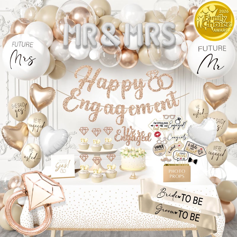 RainMeadow 261 Pc Premium Engagement Party Decorations Kit â€“ Elegant Mr. & Mrs. Wedding Balloons, Happy Engagement Banner, Diamond Ring White Gold Balloons, Cupcake Toppers â€“ Classy Bride To Be Decor - Image 1