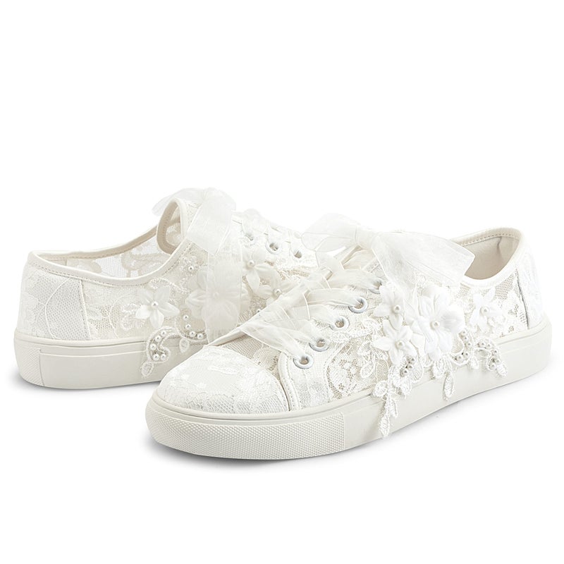 JIAJIA 8836 Wedding Shoes Bridal Sneakers Flats Bride Tennis Shoes Flowers Lace Sneakers Colour Ivory,Size 9 B(M) US/40 EU - Image 4