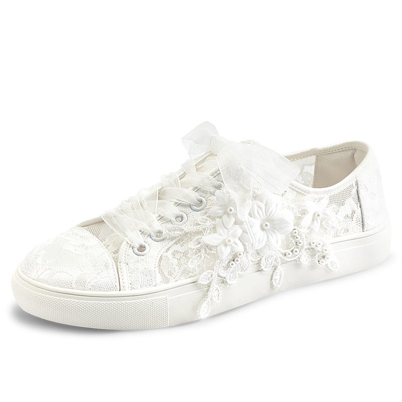 JIAJIA 8836 Wedding Shoes Bridal Sneakers Flats Bride Tennis Shoes Flowers Lace Sneakers Colour Ivory,Size 9 B(M) US/40 EU - Image 1