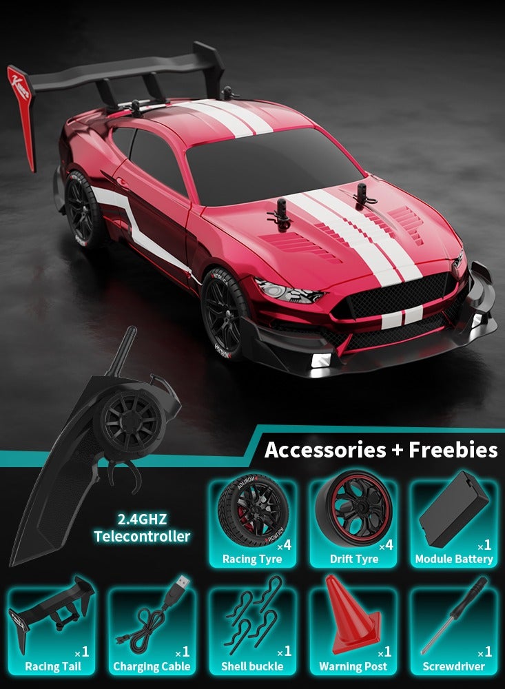 سيارة درفت راديو كنترول 1:14 مع دفع رباعي 4WD، بتردد 2.4GHz، سرعة عالية تصل إلى 40 كم/س، سيارة رياضية للسباقات مع أضواء LED وعجلات للسباق والدرفت - Image 1