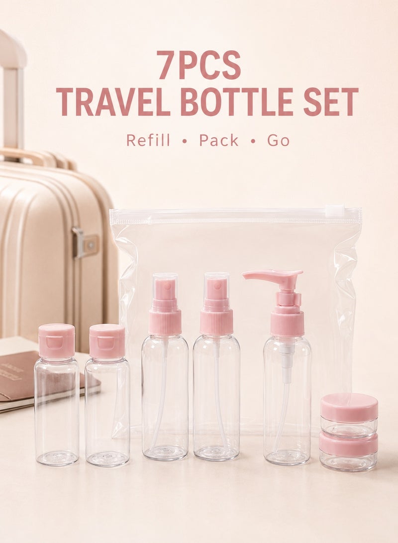 Al Kanzi 7PCS Travel Refillable Bottle Set, Portable Toiletry Containers with Pump Spray Flip Cap & Cream Jars, Leak Proof TSA Approved Empty Cosmetic Travel Bottles for Shampoo Lotion Toner, Reusable Airline Friendly Travel Size Accessories with PVC Waterproof Storage Bag - Image 1