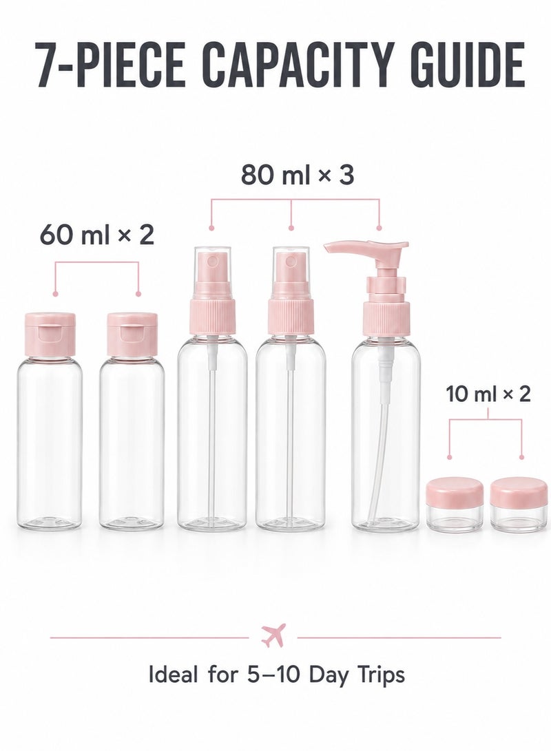 Al Kanzi 7PCS Travel Refillable Bottle Set, Portable Toiletry Containers with Pump Spray Flip Cap & Cream Jars, Leak Proof TSA Approved Empty Cosmetic Travel Bottles for Shampoo Lotion Toner, Reusable Airline Friendly Travel Size Accessories with PVC Waterproof Storage Bag - Image 2