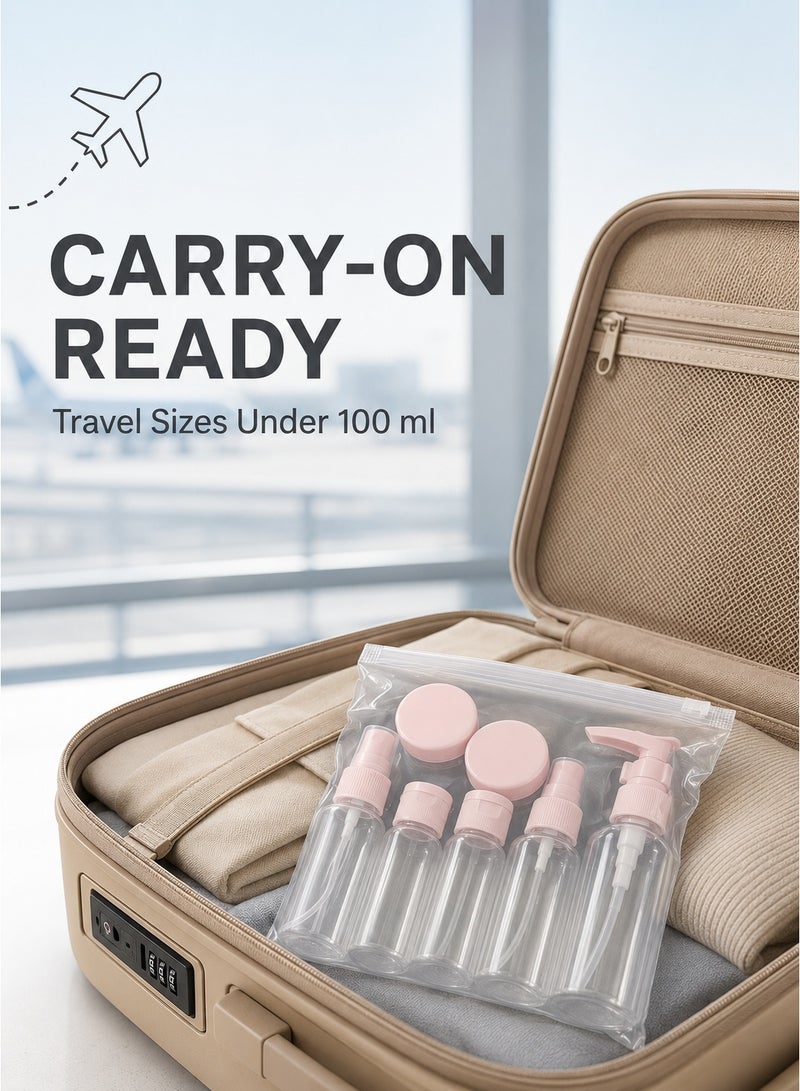 Al Kanzi 7PCS Travel Refillable Bottle Set, Portable Toiletry Containers with Pump Spray Flip Cap & Cream Jars, Leak Proof TSA Approved Empty Cosmetic Travel Bottles for Shampoo Lotion Toner, Reusable Airline Friendly Travel Size Accessories with PVC Waterproof Storage Bag - Image 3