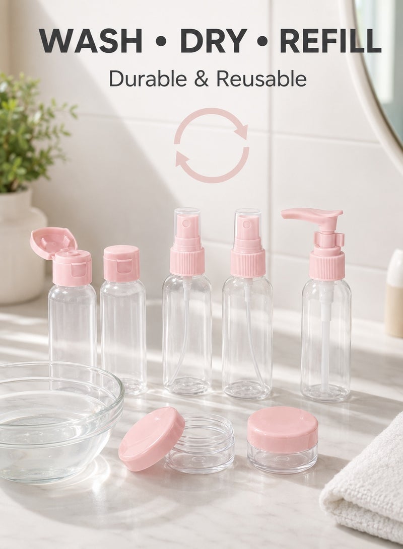 Al Kanzi 7PCS Travel Refillable Bottle Set, Portable Toiletry Containers with Pump Spray Flip Cap & Cream Jars, Leak Proof TSA Approved Empty Cosmetic Travel Bottles for Shampoo Lotion Toner, Reusable Airline Friendly Travel Size Accessories with PVC Waterproof Storage Bag - Image 5