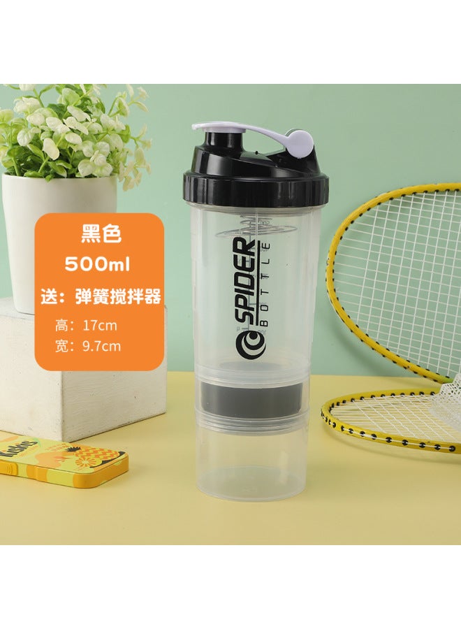 SPIDER BOTTLE Black-transparent 500ml Three-layer Shaker Cup, Large-capacity Fitness Water Cup, Sports Water Bottle, Protein Powder Milkshake Shaker Cup, Plastic Cup - Image 1