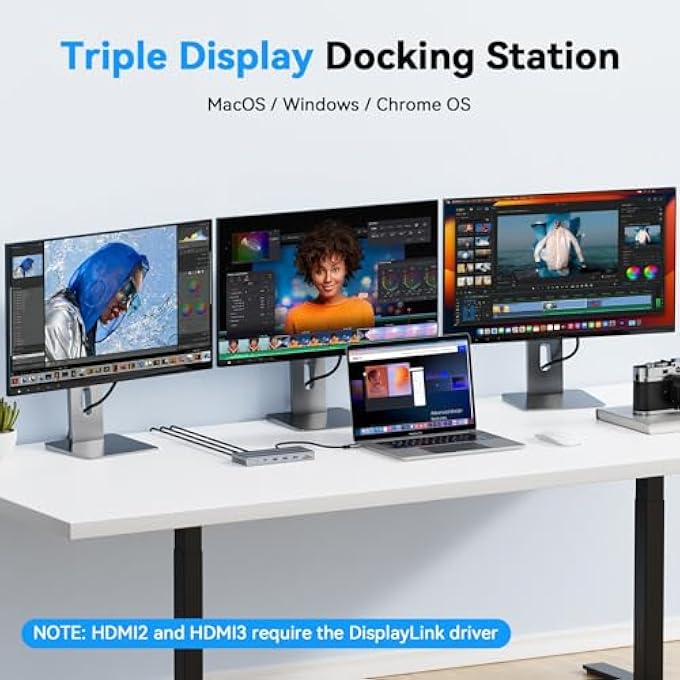 rayihni USB C DOCKING STATION 3 MONITORS WITH 120W POWER ADAPTER, DISPLAYLINK DOCKING STATION 3 HDMI FOR MACBOOK/MAC MINI M4, WINDOWS, AND CHROME WITH USB C(3 HDMI, 5 USB, ETHERNET, SD/MICROSD) - Image 3