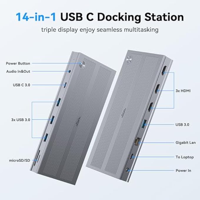 rayihni USB C DOCKING STATION 3 MONITORS WITH 120W POWER ADAPTER, DISPLAYLINK DOCKING STATION 3 HDMI FOR MACBOOK/MAC MINI M4, WINDOWS, AND CHROME WITH USB C(3 HDMI, 5 USB, ETHERNET, SD/MICROSD) - Image 2