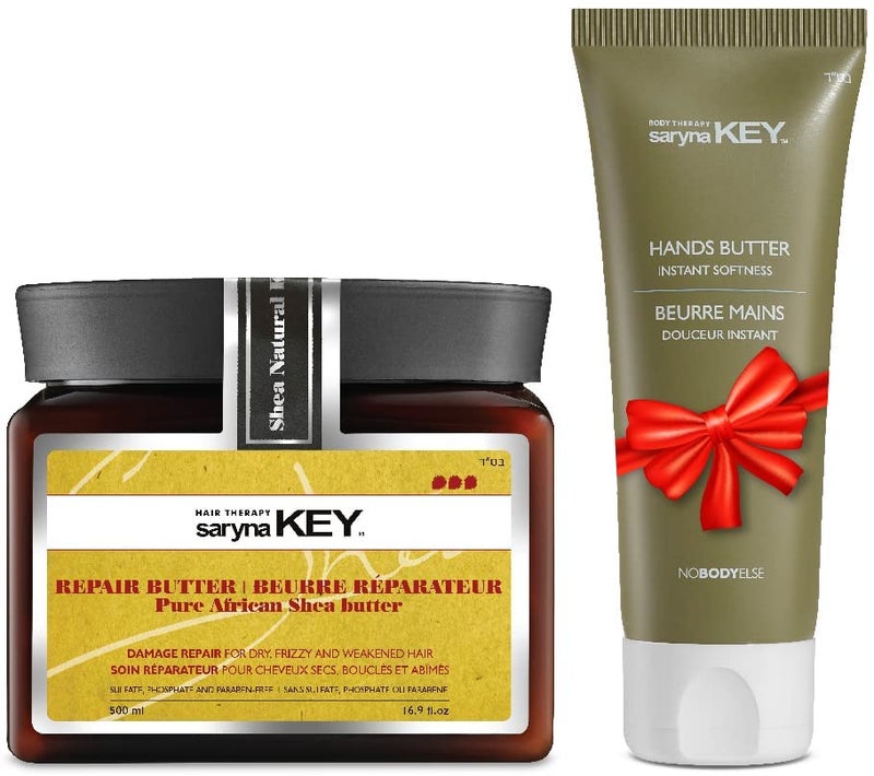 Saryna Key Damage Repair Treatment Butter Mask - African Shea Butter for Dry Hair Treatment - Rejuvenating Butter Moisturizer with Natural Keratin and Vitamins A, E, F (500ml/16.9oz + Hand Cream) - Image 1