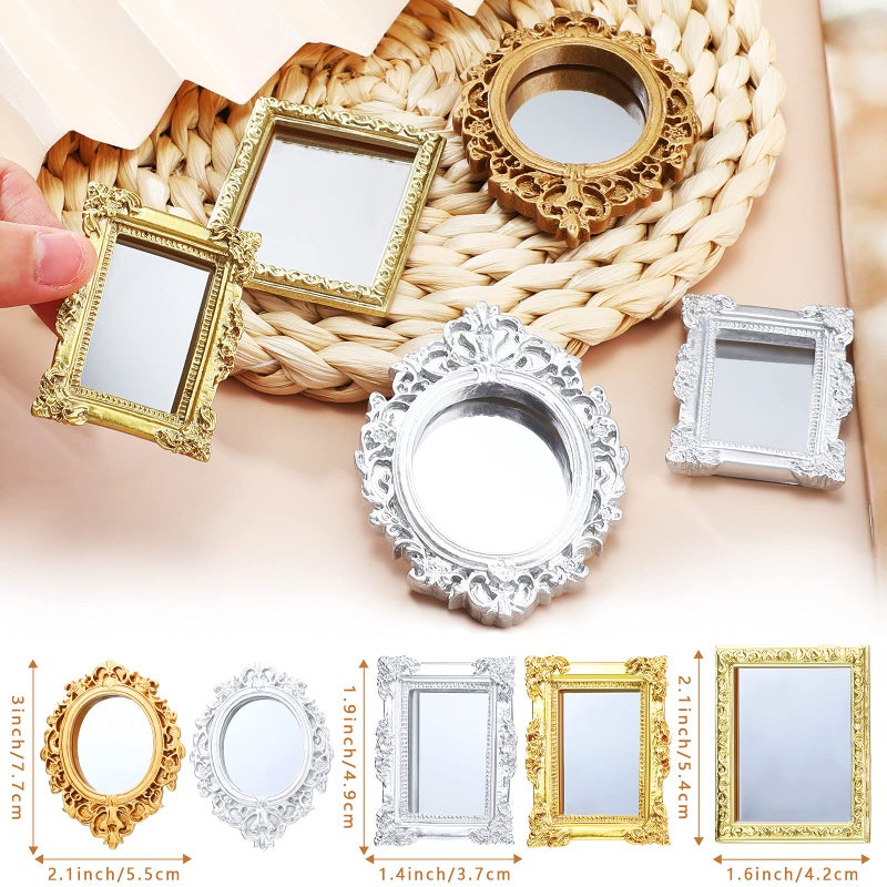 Skylety 5 Pieces Miniature Dollhouse Mirror European Frame Mirror Dollhouse Victorian Baroque Wall Decor Miniature Bedroom Mini Furniture Accessory for 1/12 Dollhouse Decor, Gold and Silver - Image 4