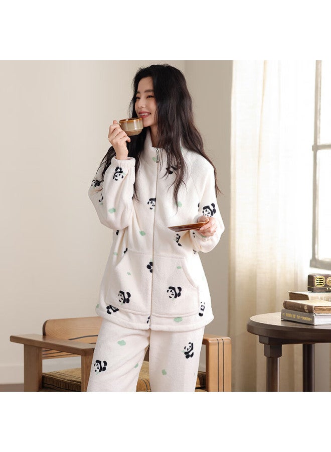 Zisehy Purple Floral Language Comfortable Anti-static Flannel Autumn Winter Women's Pajamas Homewear Warm Stand Collar Cream White - Image 2