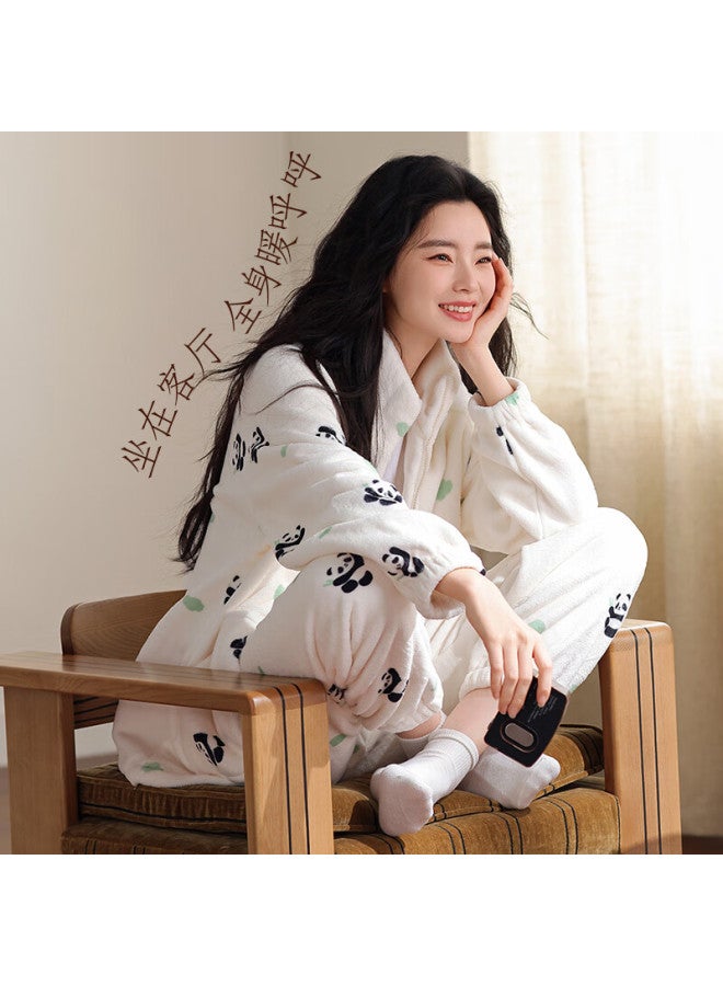 Zisehy Purple Floral Language Comfortable Anti-static Flannel Autumn Winter Women's Pajamas Homewear Warm Stand Collar Cream White - Image 1