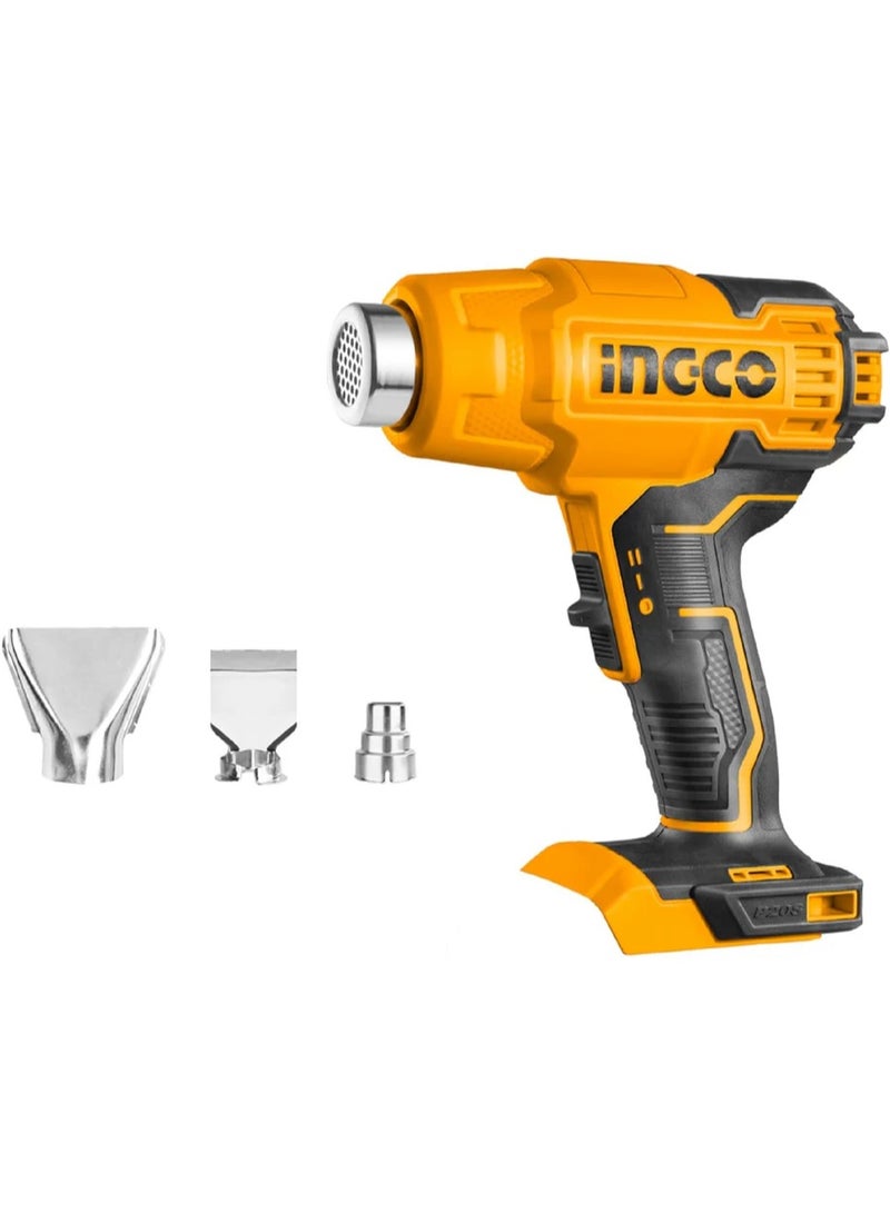 INGCO The INGCO HGLI2002 is a high-performance cordless heat gun powered by a 20V battery (not included). It offers two temperature settings—300°C and 550°C—with an air flow rate of 100 to 200 L/min, making it suitable for a wide range of industrial and household applications. The tool comes with three interchangeable nozzles to handle various tasks with precision.  Note: Battery and charger are sold separately.