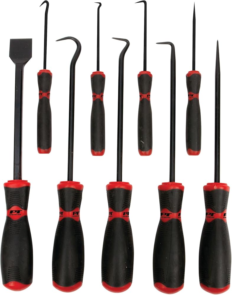 Performance Tool W948 9-Piece Hook/Pick/Scraper Set,Black/Red Automotive mechanic pick set. Drop forged heat-treated chrome vanadium steel shafts. Non-slip molded grips - Image 1