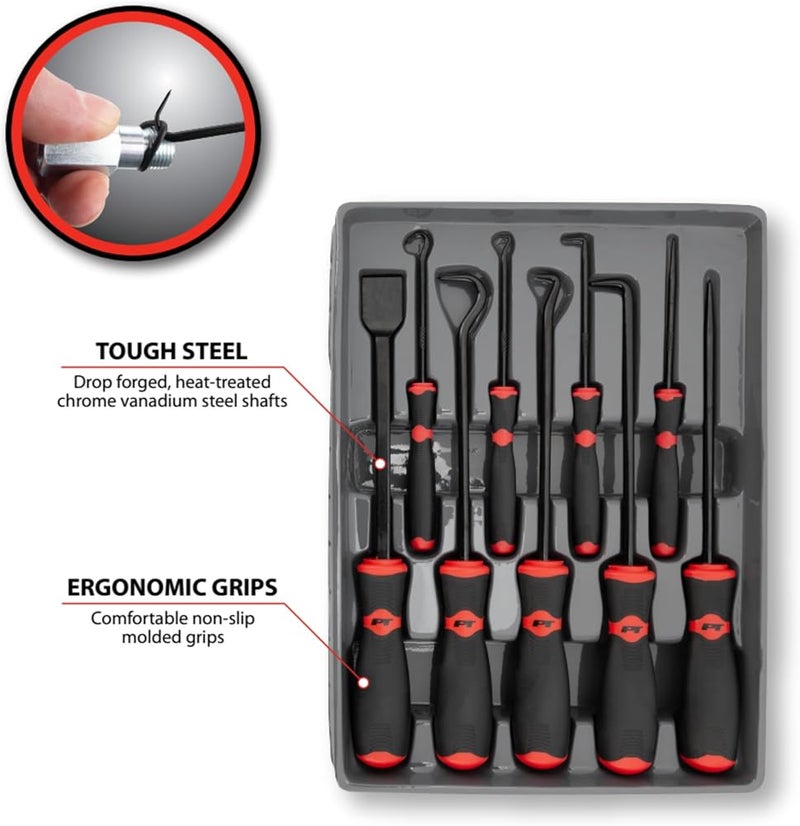 Performance Tool W948 9-Piece Hook/Pick/Scraper Set,Black/Red Automotive mechanic pick set. Drop forged heat-treated chrome vanadium steel shafts. Non-slip molded grips - Image 3