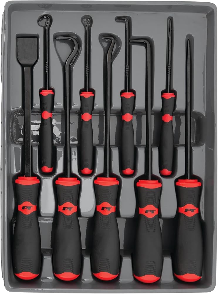 Performance Tool W948 9-Piece Hook/Pick/Scraper Set,Black/Red Automotive mechanic pick set. Drop forged heat-treated chrome vanadium steel shafts. Non-slip molded grips - Image 4