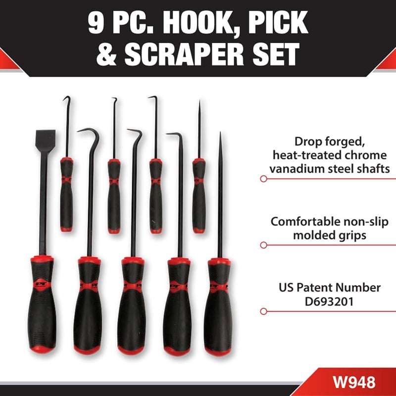 Performance Tool W948 9-Piece Hook/Pick/Scraper Set,Black/Red Automotive mechanic pick set. Drop forged heat-treated chrome vanadium steel shafts. Non-slip molded grips - Image 2