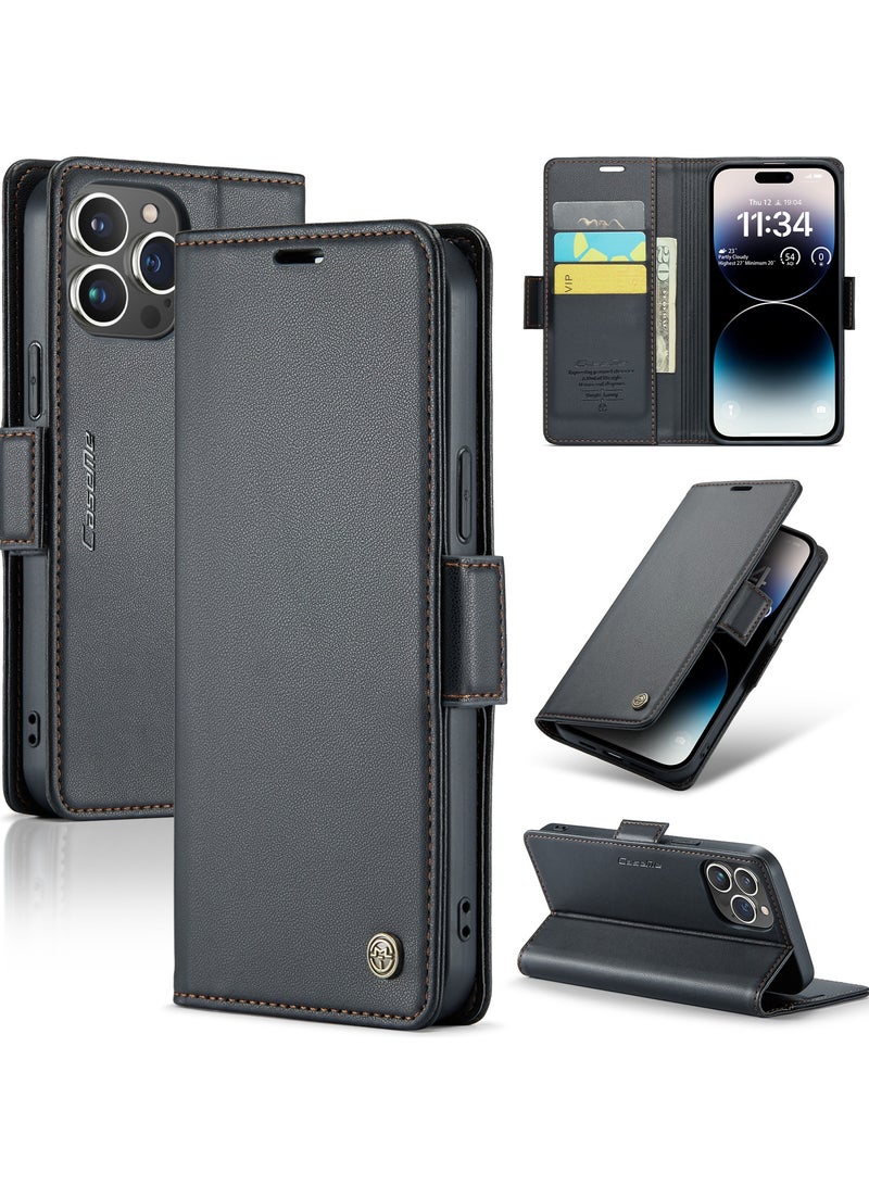 Flip Wallet Case for iPhone 14 Pro, Leather Magnetic Attachment Flip Case black - Image 1