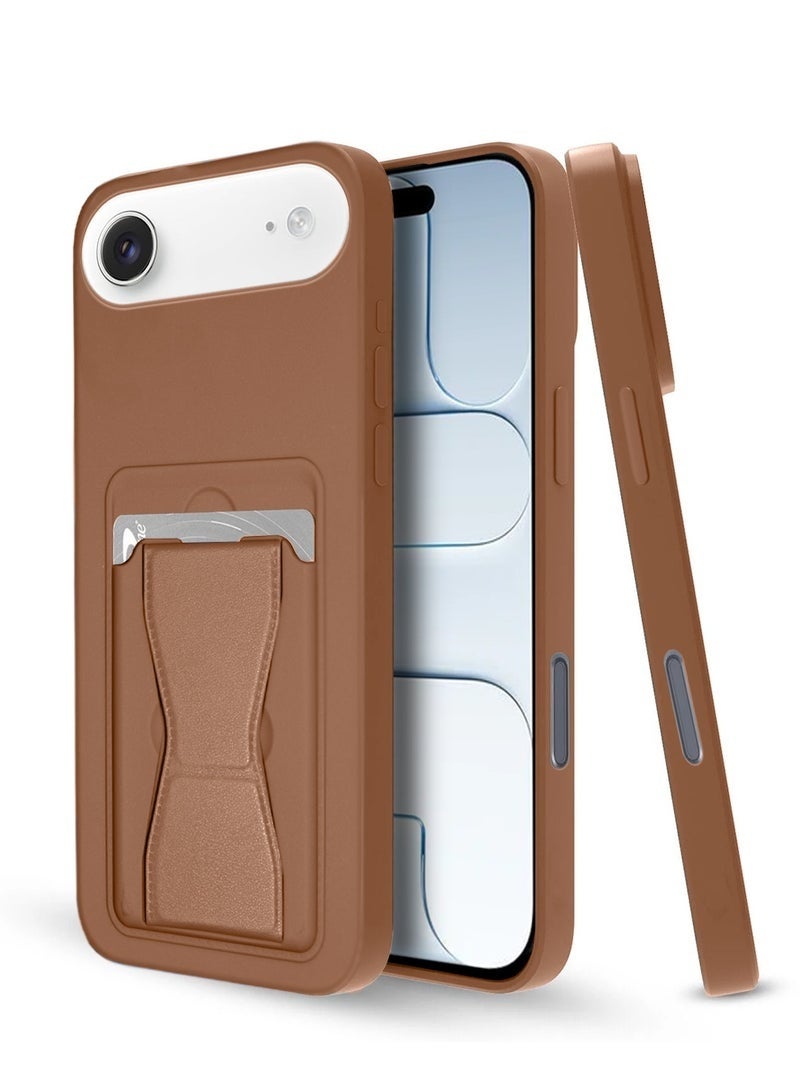 ELTRAZONE iPhone Air 5G 2025 Silicone TPU Case with Card Holder & Hand Grip | Slim Shockproof Wallet Cover with Kickstand Function & Secure Grip Strap (MCHPSN) - Brown - Image 1