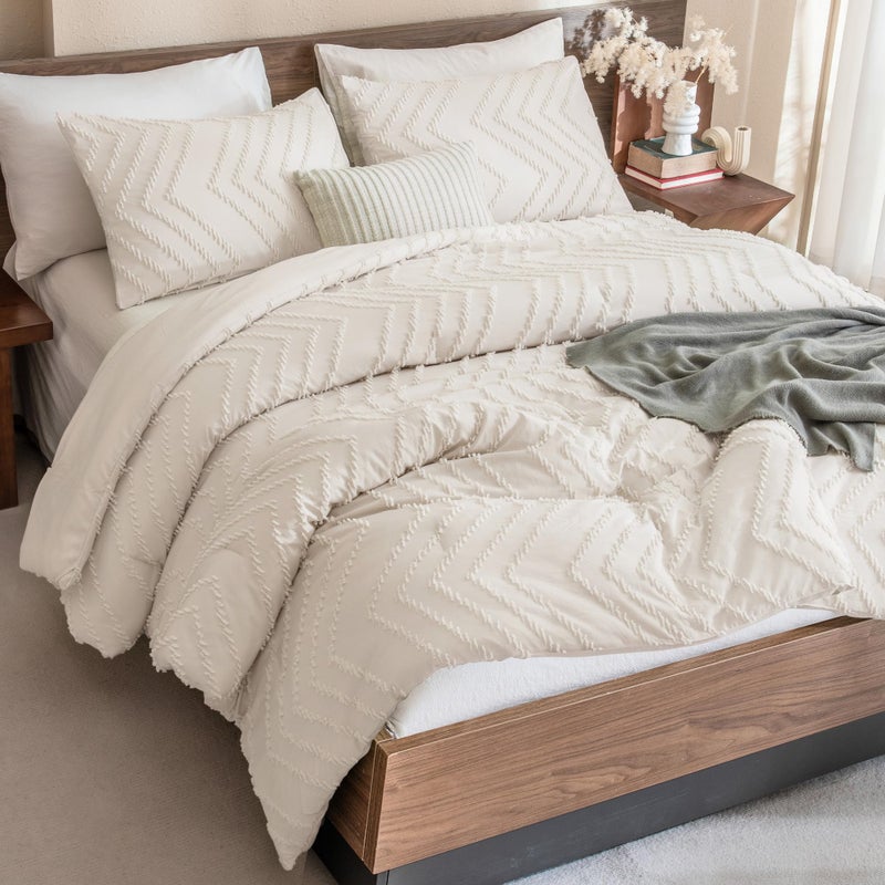 Andency Oversized Super King Comforter Set 120x120 Beige Extra Large King Size Comforter Oversize Boho Cream Soft Warm Neutral Bedding Comforter Sets 3 Pieces Aesthetic Chevron Textured Bedding Set