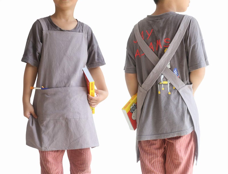 losofar Children Cotton Cross Back Apron Japanese Style Bib Home Clothes Painting Soft Comfort Pinafore Apron for Girls Boys (grey  21.6?21.6inch) - Image 1