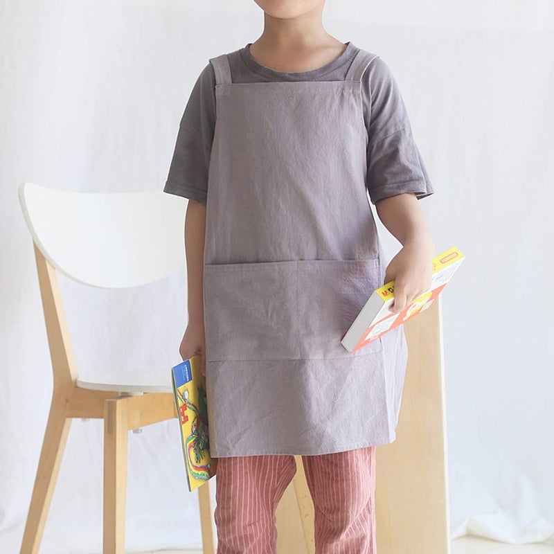 losofar Children Cotton Cross Back Apron Japanese Style Bib Home Clothes Painting Soft Comfort Pinafore Apron for Girls Boys (grey  21.6?21.6inch) - Image 3