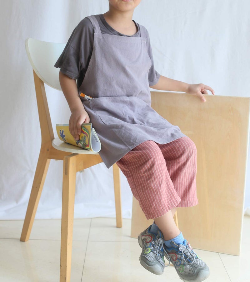 losofar Children Cotton Cross Back Apron Japanese Style Bib Home Clothes Painting Soft Comfort Pinafore Apron for Girls Boys (grey  21.6?21.6inch) - Image 2