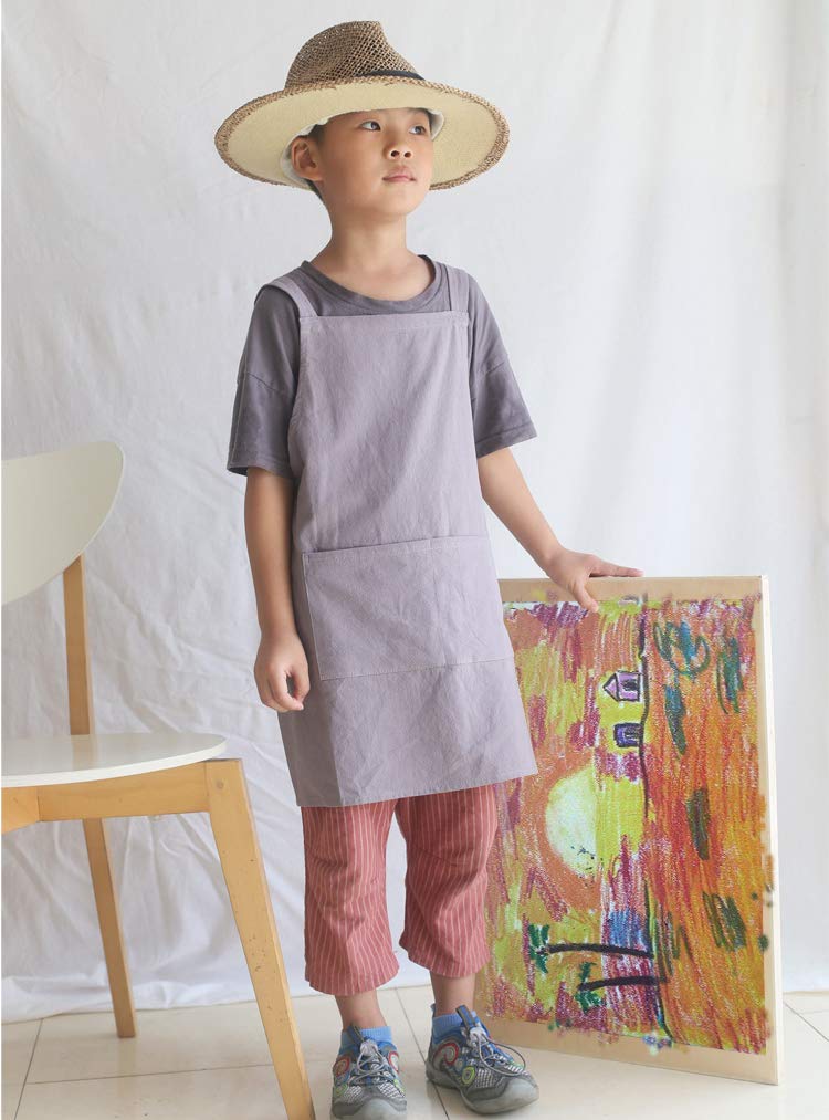 losofar Children Cotton Cross Back Apron Japanese Style Bib Home Clothes Painting Soft Comfort Pinafore Apron for Girls Boys (grey  21.6?21.6inch) - Image 5