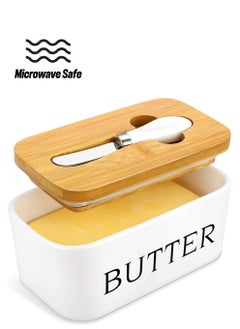 Y&D Ceramic Butter Dish with Wooden Lid and Knife, 600ML Ceramics Keeper Container, Box for Butter, Nuts, Cheese, White  - Image 1