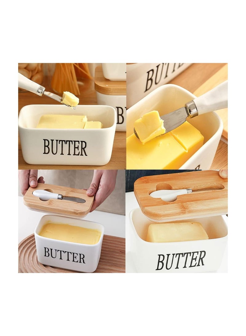 Y&D Ceramic Butter Dish with Wooden Lid and Knife, 600ML Ceramics Keeper Container, Box for Butter, Nuts, Cheese, White - Image 3