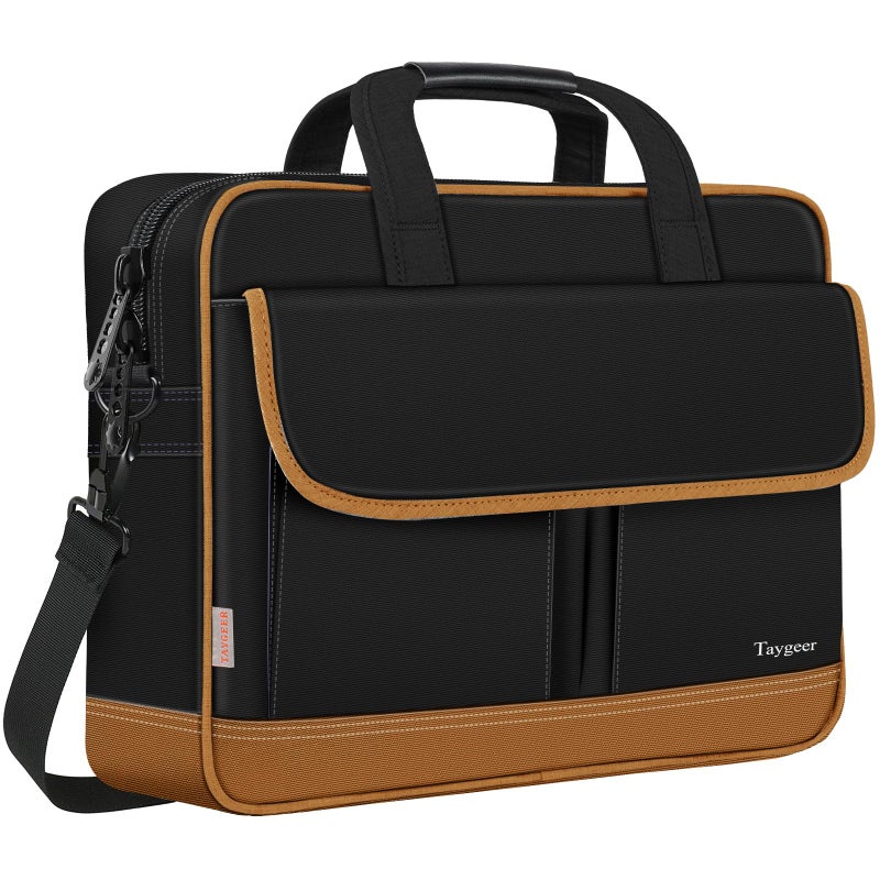 Taygeer Laptop Briefcase, 15.6 Inch Laptop Bag for Men Women, Water Resistant Crossbody Messenger Shoulder Bag for Business, Professional Premium Office Briefcase for Notebook/Computer, Black Brown - Image 1